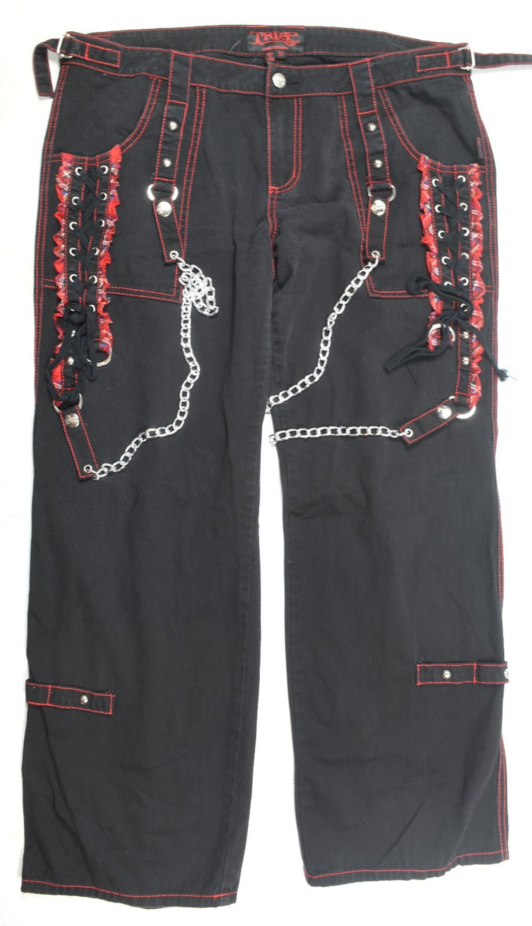 TRIPP NYC Bondage Punk Pants Womens 15 Black Red Baggy Relaxed Fit Goth Y2K